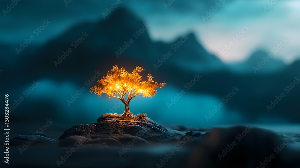 Poster bioluminescent tree with glowing foliage designed to attract pollinators and support sustainable ref