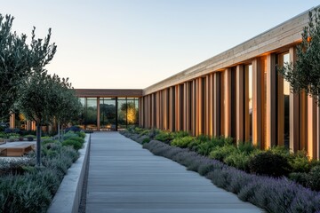 Fototapeta premium A building with timber walls, long rectangular windows, and a landscaped courtyard for gatherings