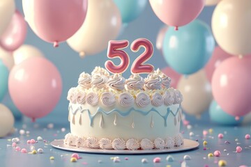 Cake in 3D, number 52, surrounded by gentle balloons, text area.