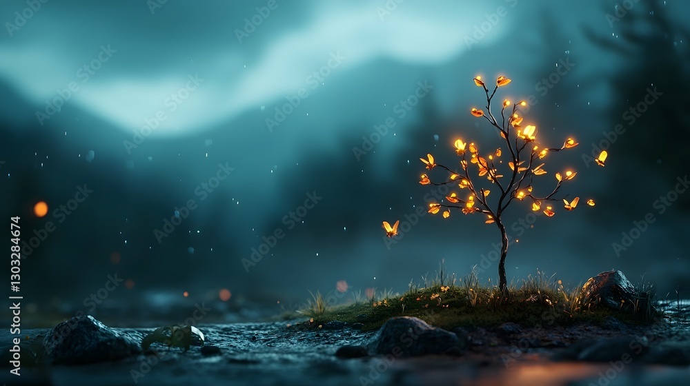 Poster bioluminescent reforestation tree designed for harsh environments to attract pollinators and promote