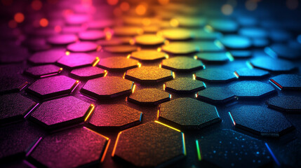 Fototapeta premium A futuristic background featuring glowing neon hexagons set against a black honeycomb carbon texture, symbolizing innovation, technology, and the digital age
