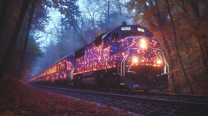 Naklejka premium Autumn train journey through misty woods