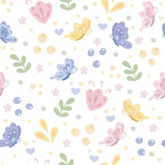Seamless pattern with butterfly, leaves and flowers
