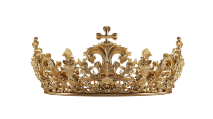 Ornate gold crown with intricate floral design and cross motif