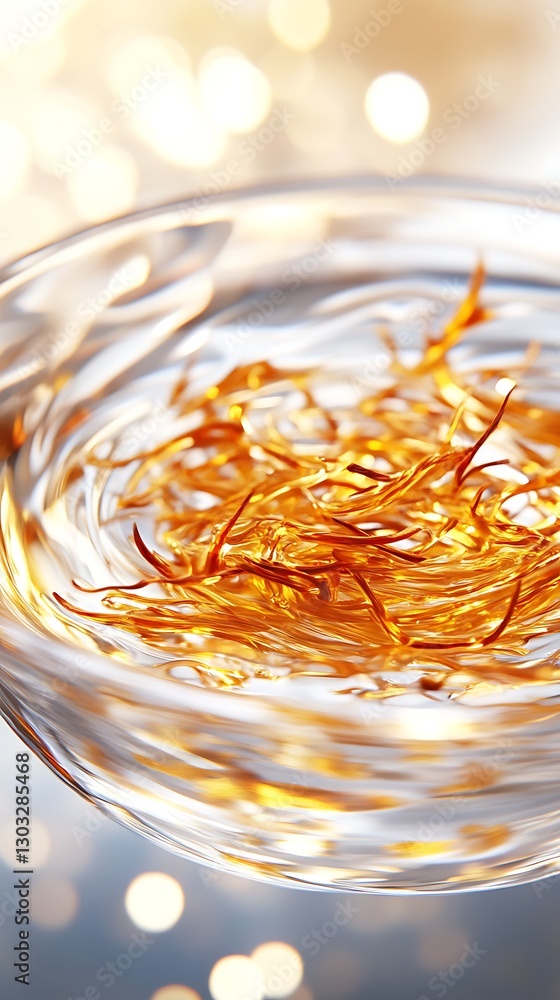 Poster golden saffron threads floating in clear water with soft bokeh background for culinary and natural t
