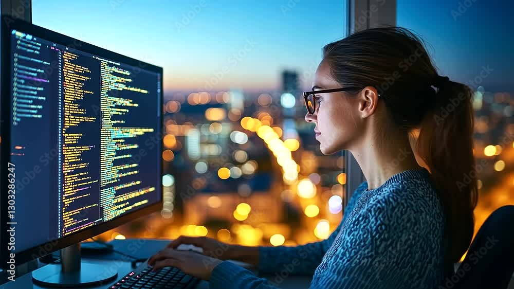 Aufkleber a female programmer creates innovative software in a sleek home workspace.
