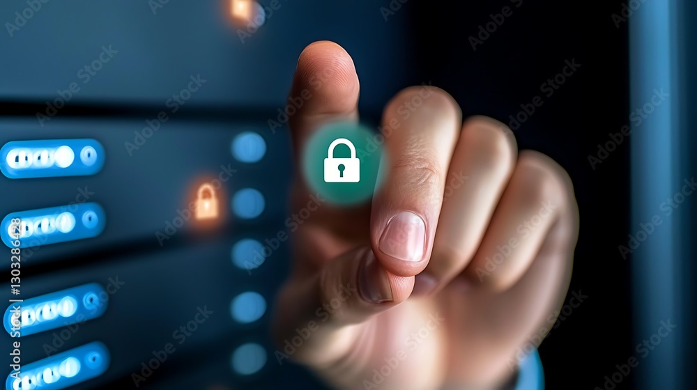 Poster hand pressing digital lock symbol on server in cybersecurity concept for data protection and privacy