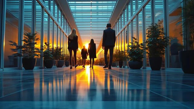 Business Professionals Walk in Hallway: A group of business professionals walking through a modern, light-filled hallway at sunrise, a captivating perspective of a journey with the day's beginning.