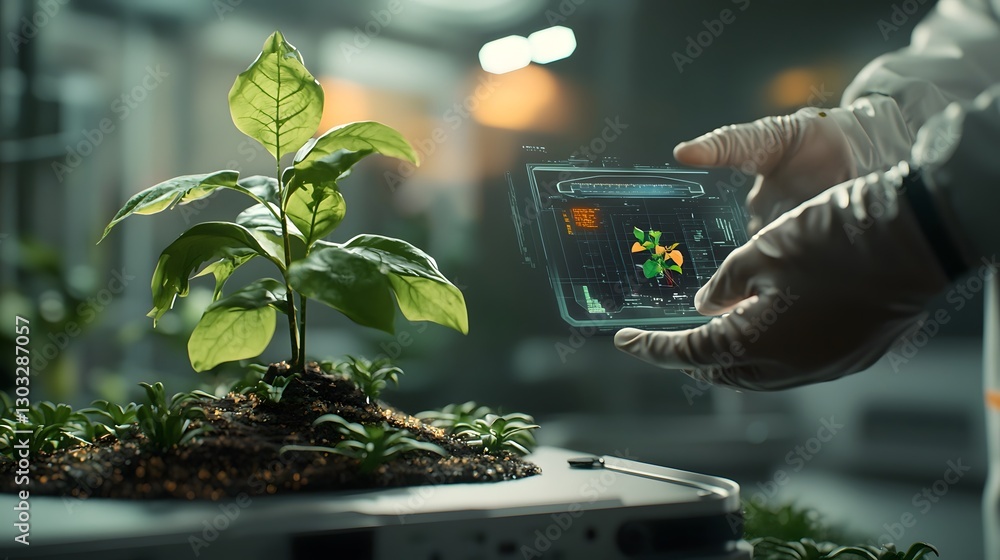 Poster a lab scientist intently studies a sophisticated plant specimen with captivating holographic data re