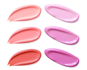 Set of red and pink smears of cosmetic product lipstick, lip gloss.Face Cosmetic, make up. Cream texture, liquid cosmetic smear. Realistic Vector