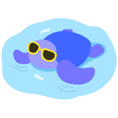 sea turtle wearing sunglasses, floating on the ocean surface, cool marine life flat vector illustration