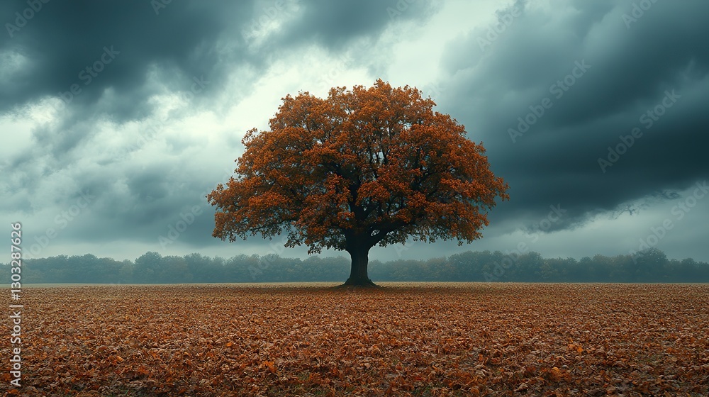 Poster lonely tree in a field with dark clouds in the background