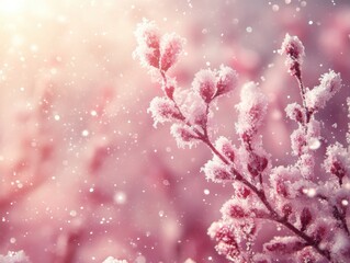 Fototapeta premium Delicate branches covered in frost glisten during a quiet snowfall in winter