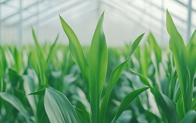 Obraz premium Growing green healthy corn plants in a greenhouse environment nature close-up agricultural innovation