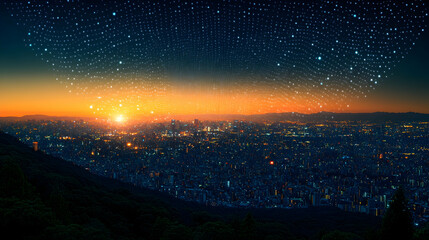City sunrise, digital network, mountain vista