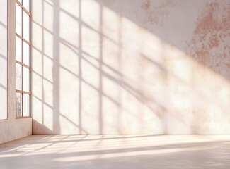 Empty room with large windows and soft sunlight. Shadows create a warm and peaceful atmosphere.