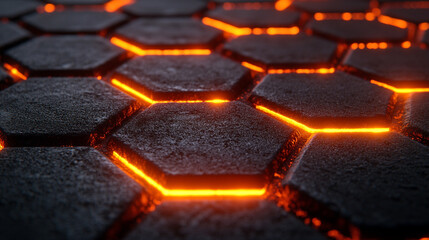 Fototapeta premium A futuristic background featuring glowing neon hexagons set against a black honeycomb carbon texture, symbolizing innovation, technology, and the digital age