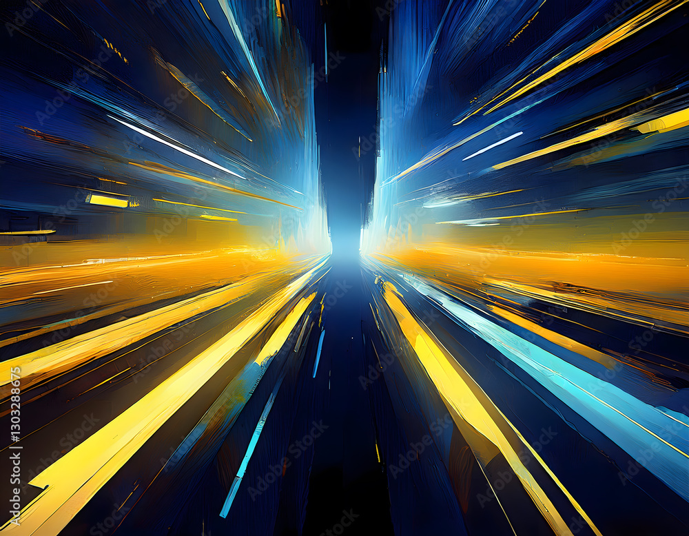 Poster light streaks pierce a dark void creating a sense of speed and depth a futuristic tunnel