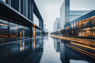 Obraz premium A city street lined with modern buildings, their facades streaked with rain and sidewalks reflecting diffused light