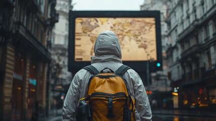 Naklejka premium man in a white raincoat and hidden face with an empty billboard on the street copy space