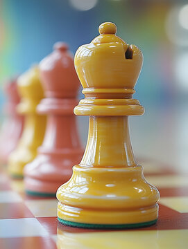 Close-up of yellow queen chess piece on board