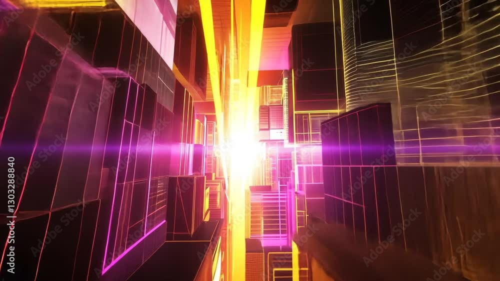 Poster futuristic neon cityscape animation with glowing lines and abstract architecture