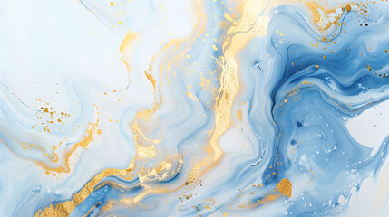 Fototapeta premium Abstract blue and gold painting with fluid shapes and artistic swirls, creating a modern and elegant composition.