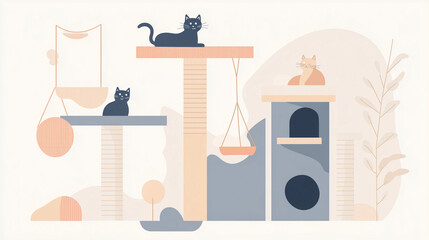 Minimalist Illustration of Cats on Various Platforms and Furniture