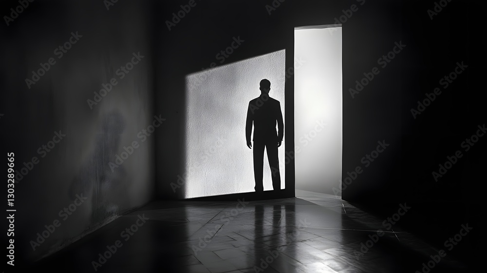 Poster the enigmatic silhouette of a lone figure standing in the frame of a doorway shrouded in a dramatic 
