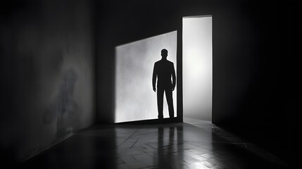 The enigmatic silhouette of a lone figure standing in the frame of a doorway shrouded in a dramatic contrast of light and shadow creating a sense of mystery introspection
