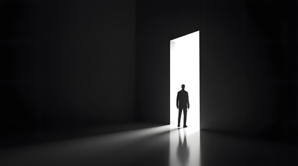 Silhouetted figure of a man standing in the doorway of a dimly lit room with a bright light shining through the opening creating a dramatic contrast and sense of mystery and potential