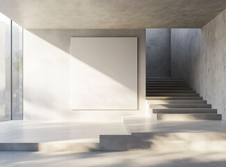 Modern minimalist interior with a concrete staircase and a poster mockup on the wall. Sunlight casts soft shadows in the space.