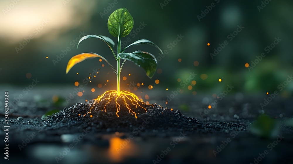 Poster a close up view of a biotech seed sprouting with glowing luminescent roots that emit a soft natural 