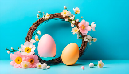 Features a wicker wreath adorned with white and pink flowers, creating a delicate and natural look