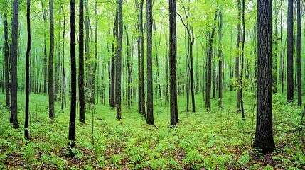Fototapeta premium Lush Green Forest Landscape with Tall Trees and Vibrant Foliage in Natural Setting