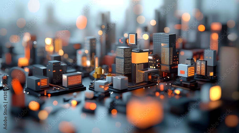 Poster a captivating digital cityscape filled with interlinking architectural forms shimmering data matrice