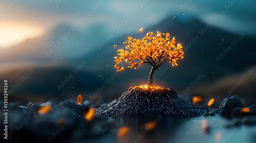 Poster a captivating depiction of a glowing metallic tree with self repairing capabilities blending nature 