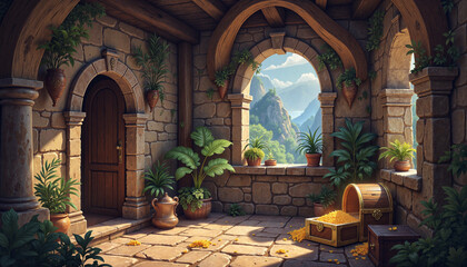 Treasure chest in serene dragon's lair with lush plants, adventure