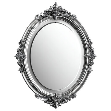 Elegant oval wall mirror with ornate silver frame, perfect for decor. clip art on a transparency background