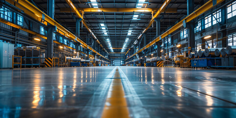 A modern production factory interior with shiny new machinery aligned in rows, freshly polished metal components on a clean workbench.
