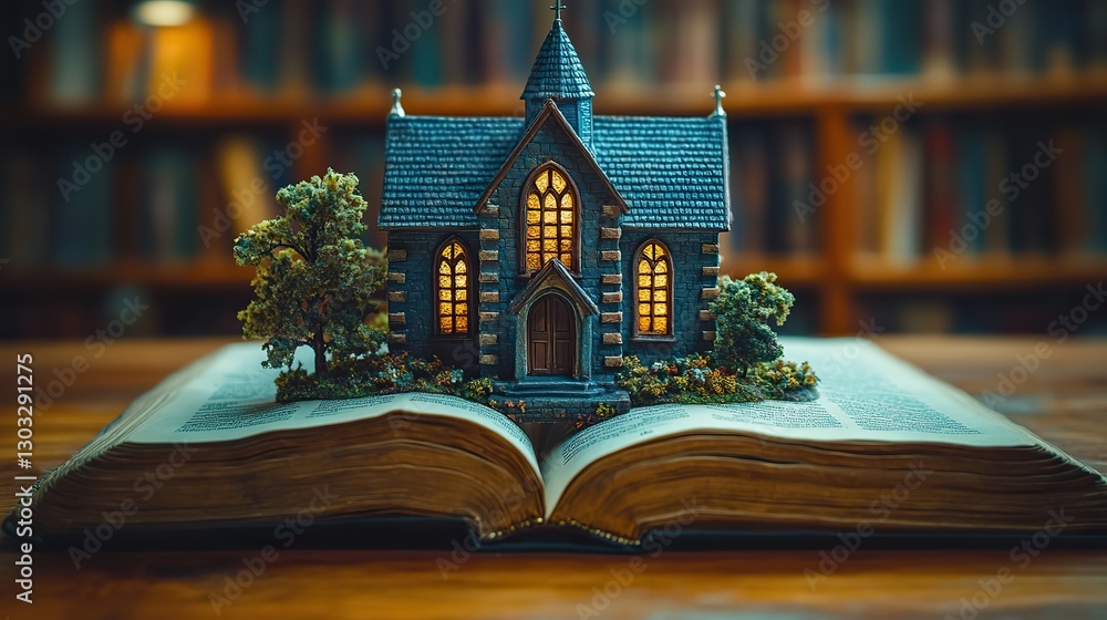 Poster miniature of a church on open book on a library wooden table image with shallow depth of field