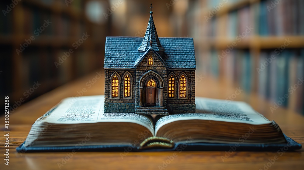 Poster miniature of a church on open book on a library wooden table image with shallow depth of field
