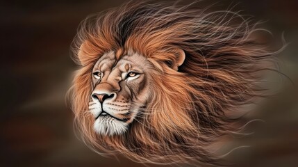Majestic lion with flowing mane against a dramatic dark background