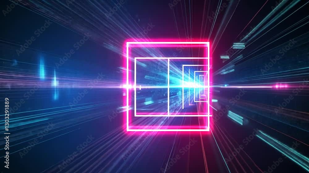 Poster abstract neon tunnel with geometric shapes and digital data stream, futuristic design