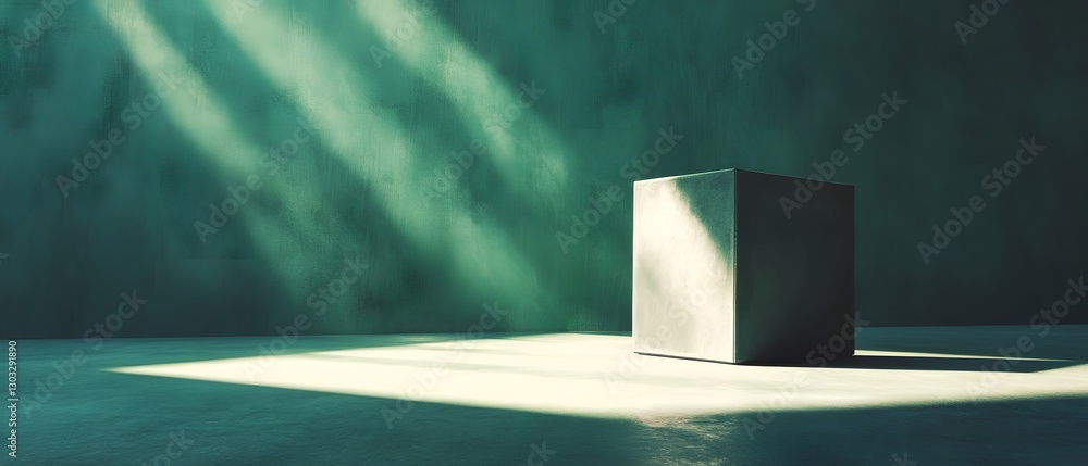 Poster minimalist white cube shaped object placed in a studio setting with dramatic green lighting and shad