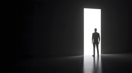 Lone silhouetted figure standing in the doorway of an illuminated passage creating a sense of mystery anticipation and the potential for a new journey or life chapter