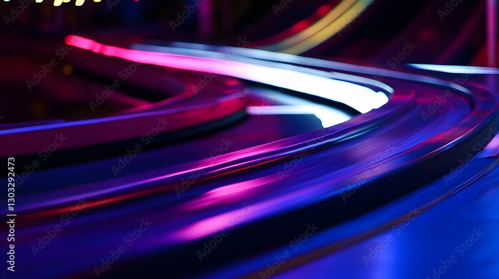 Poster mesmerizing display of glowing colorful curves and lines in dynamic motion across a vivid futuristic