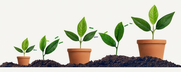 Image of potted plants at different growth stages, showcasing the progression from small seedlings to larger plants.