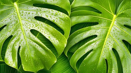 Obraz premium Detailed Close-Up of Fresh Green Tropical Leaves with Water Droplets on Vibrant Background