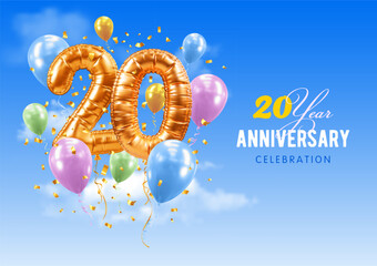 Twentieth Anniversary or 20th birthday celebration. Number 20 in the form of golden balloons. 3D realistic golden numerals, confetti, blue sky background. Template for gala event. Vector illustration